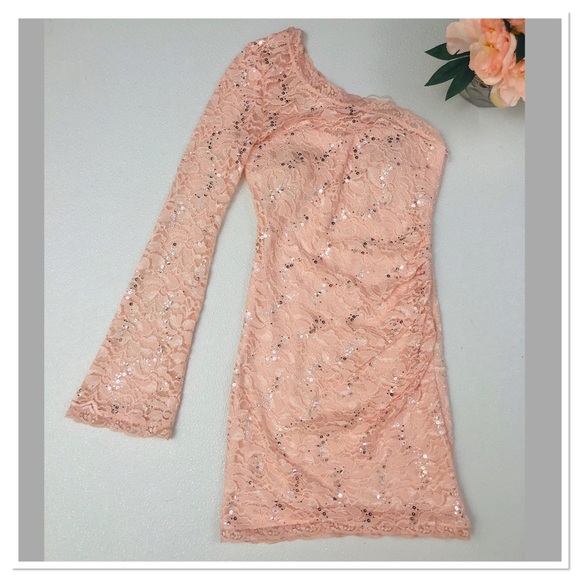 Sequin Hearts blush pink one shoulder lace dress - Picture 2 of 6